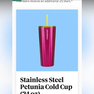 Starbucks 2023 Stainless Steel Petunia Cold Cup Pink 24oz Yellow Lid Straw